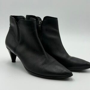 ECCO Leather Ankle Boots Women 41 Black Good Kitten Heel Pointed Toe Zipper